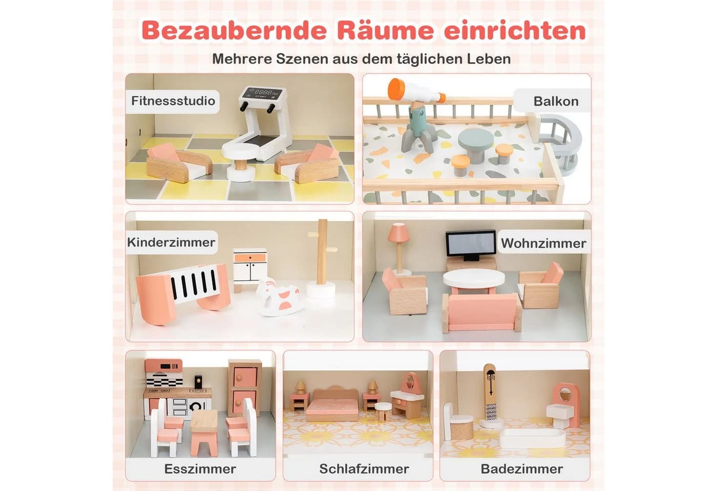 COSTWAY Puppenhaus 6 Etagen 41 Zubehör Holz