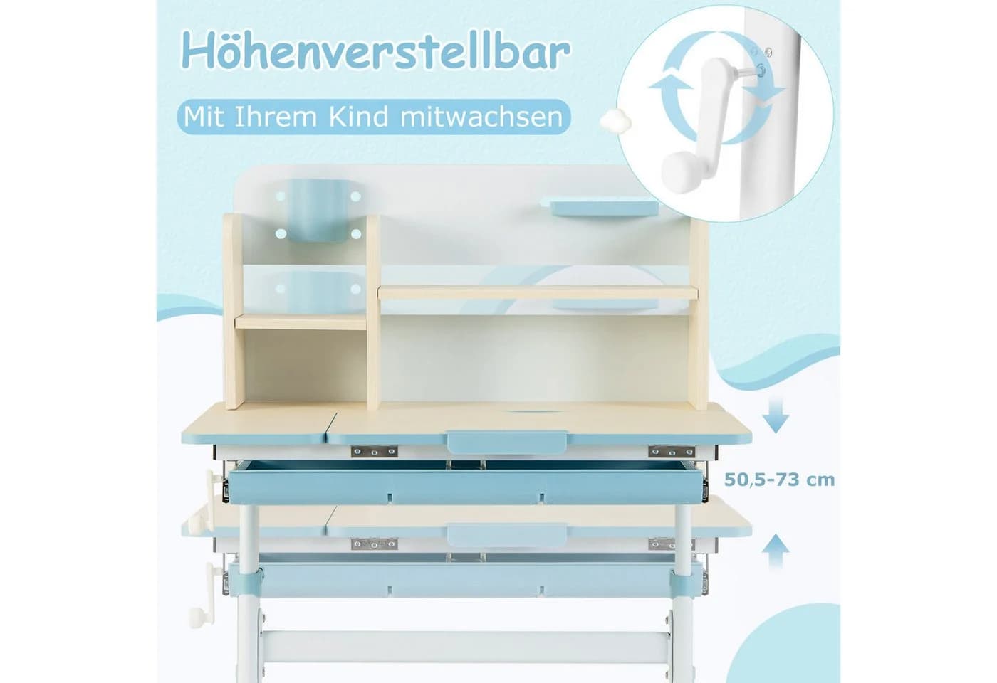 COSTWAY Kinderschreibtisch höhenverstellbar & neigbar mit Schubladen