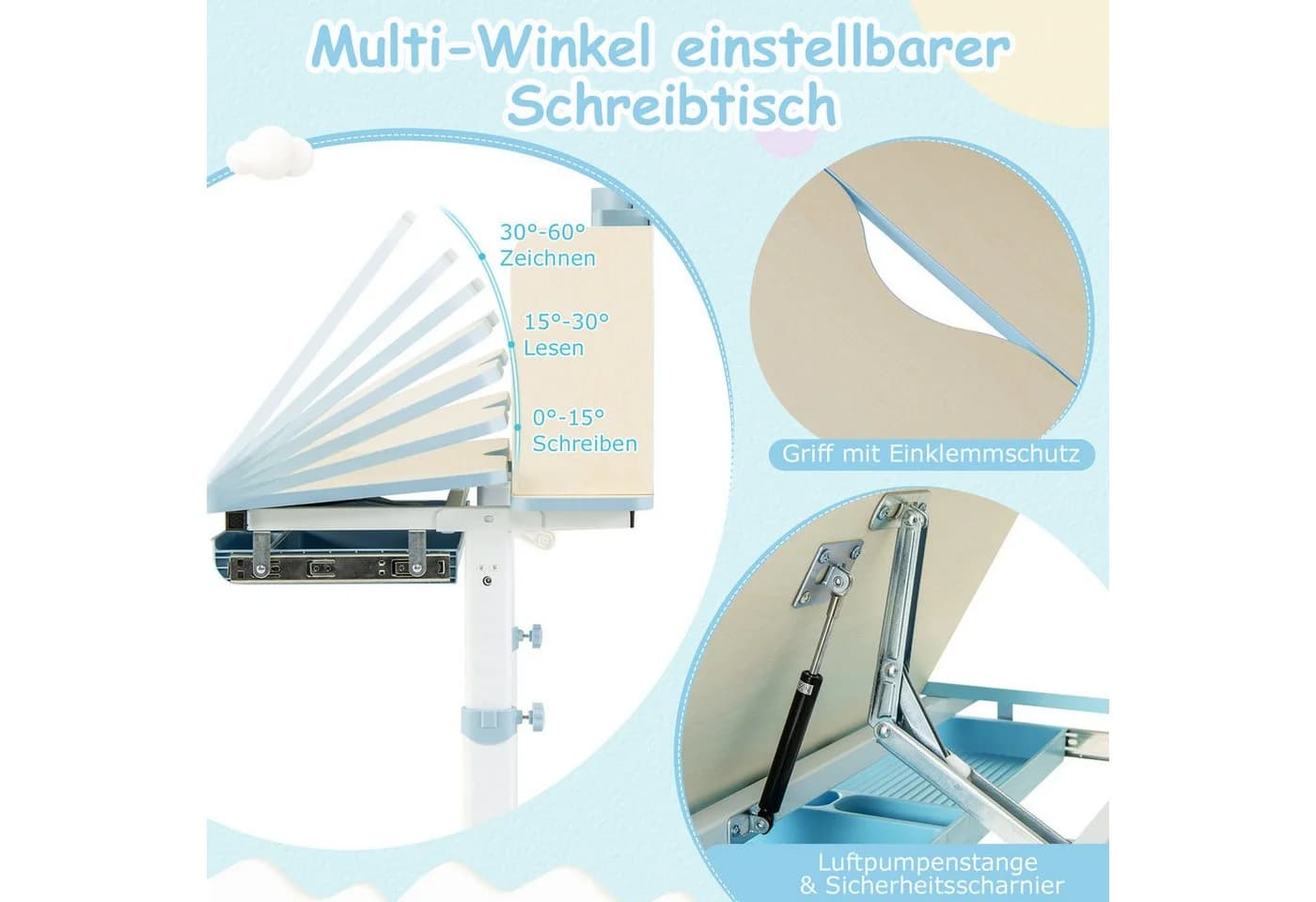 COSTWAY Kinderschreibtisch höhenverstellbar & neigbar mit Schubladen - Bild 4