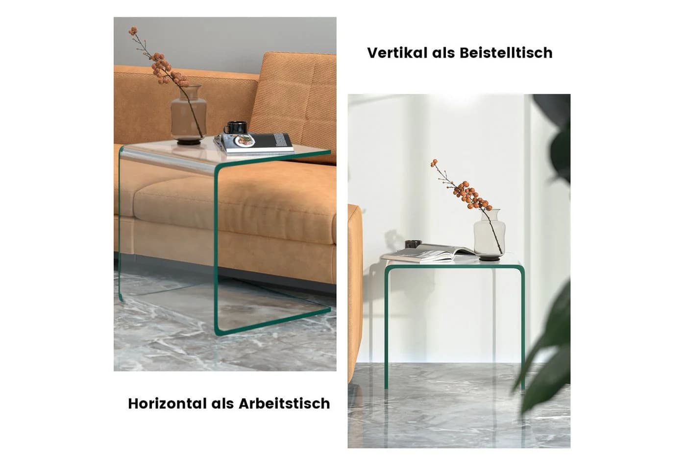 COSTWAY Couchtisch Glas U-förmig 45x45x41cm