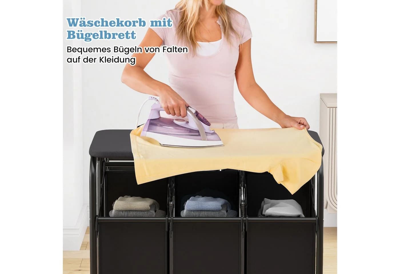 COSTWAY Wäschekorb mit Bügelbrett, 3 Fächer, Rollen