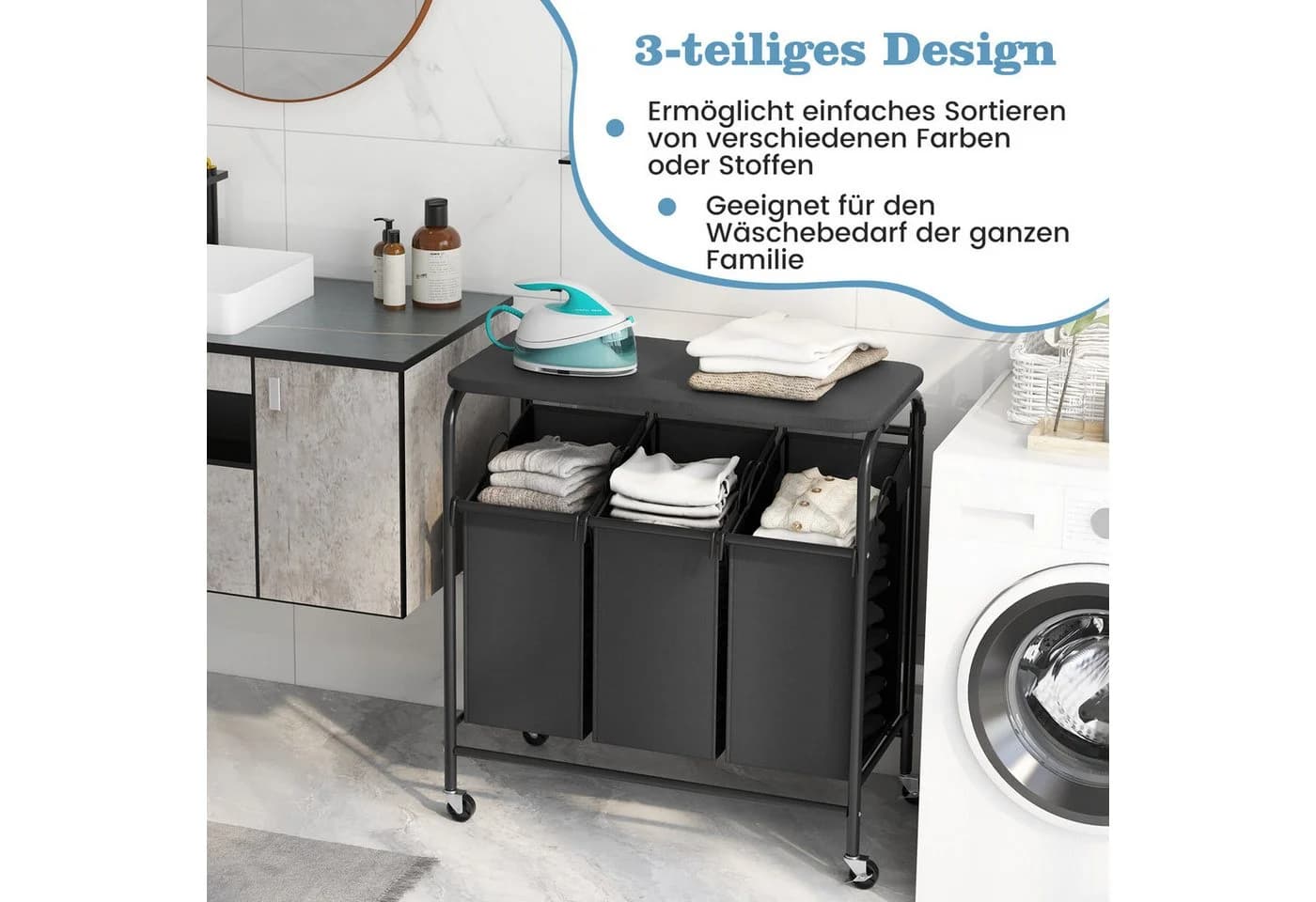 COSTWAY Wäschekorb mit Bügelbrett, 3 Fächer, Rollen - Bild 3