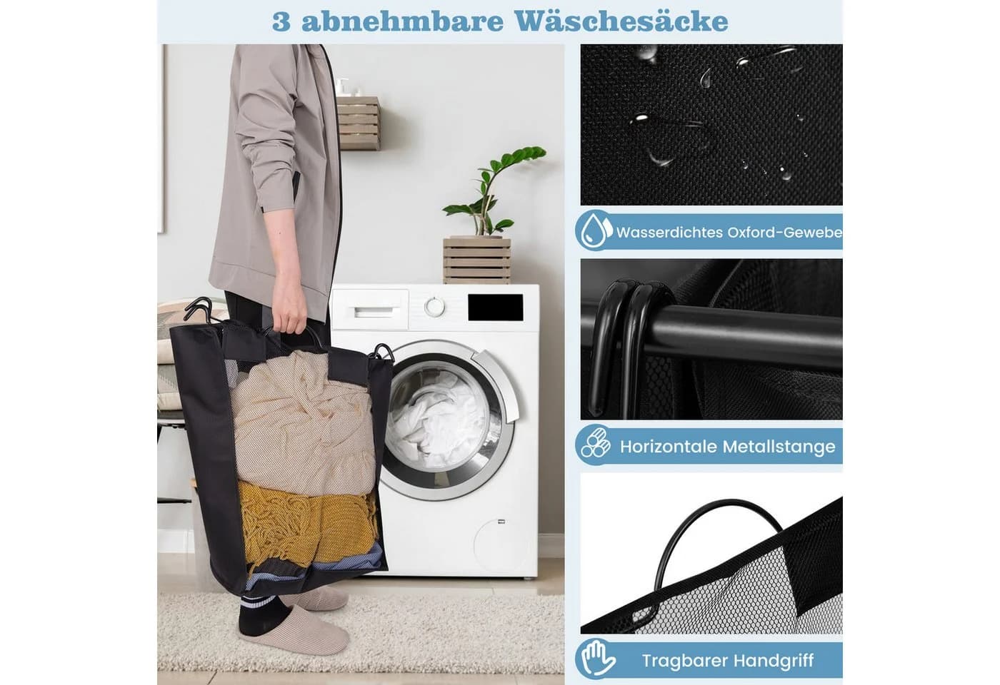COSTWAY Wäschekorb mit Bügelbrett, 3 Fächer, Rollen - Bild 4