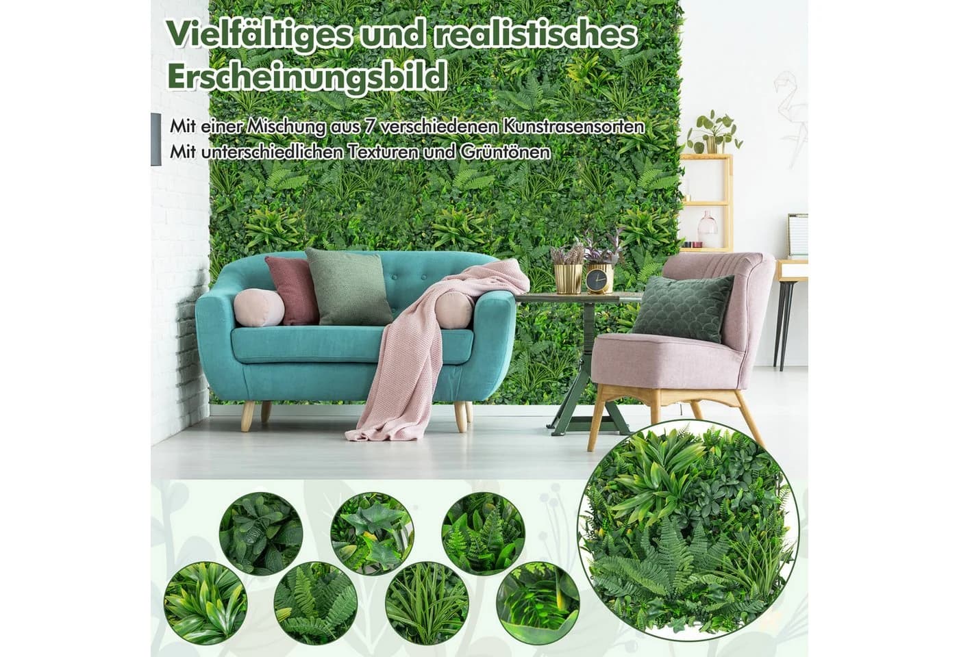 COSTWAY Kunstpflanzenwand 4 St. Buchsbaum 50x50cm Grün - Bild 5