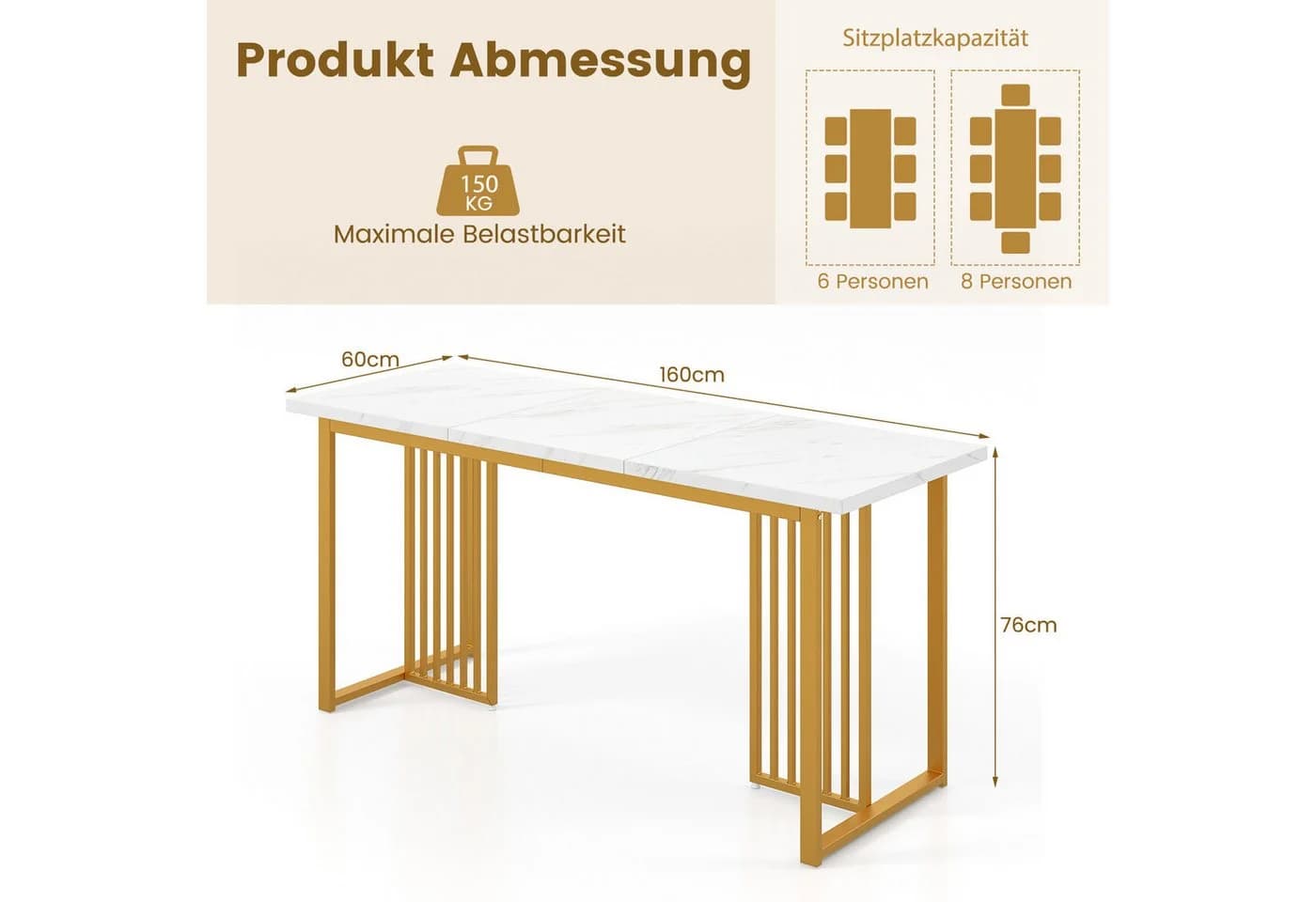 COSTWAY Esstisch Marmoroptik Metallbeine 160x60cm - Bild 3