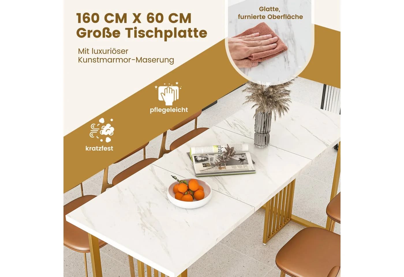 COSTWAY Esstisch Marmoroptik Metallbeine 160x60cm - Bild 4