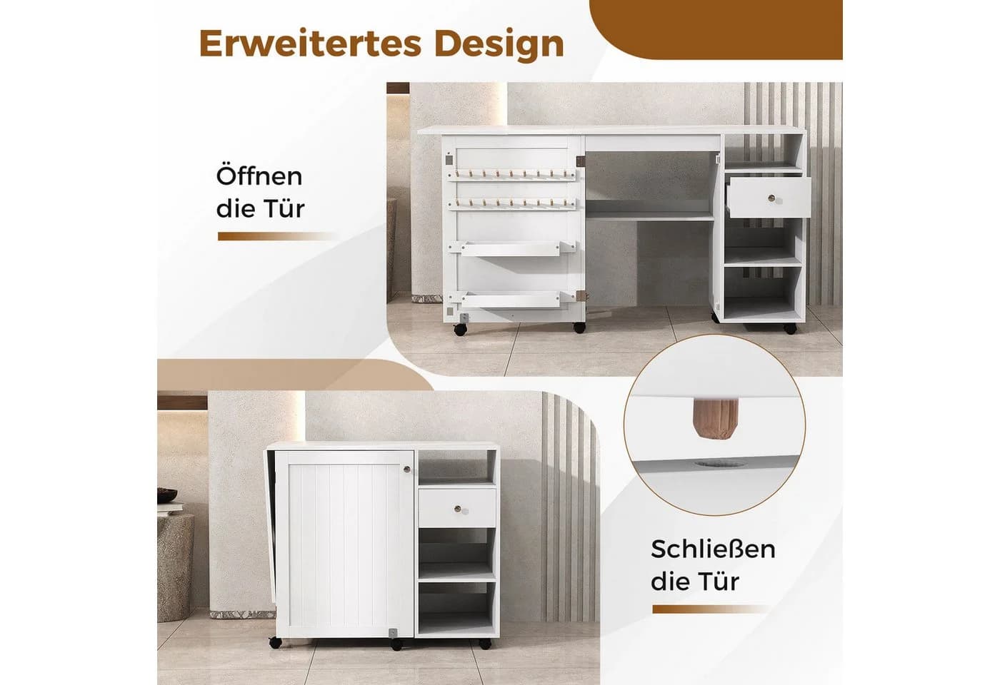 COSTWAY Schreibtisch 2 in 1 Nähschrank Klappbar mit Ablage auf Rollen - Bild 3