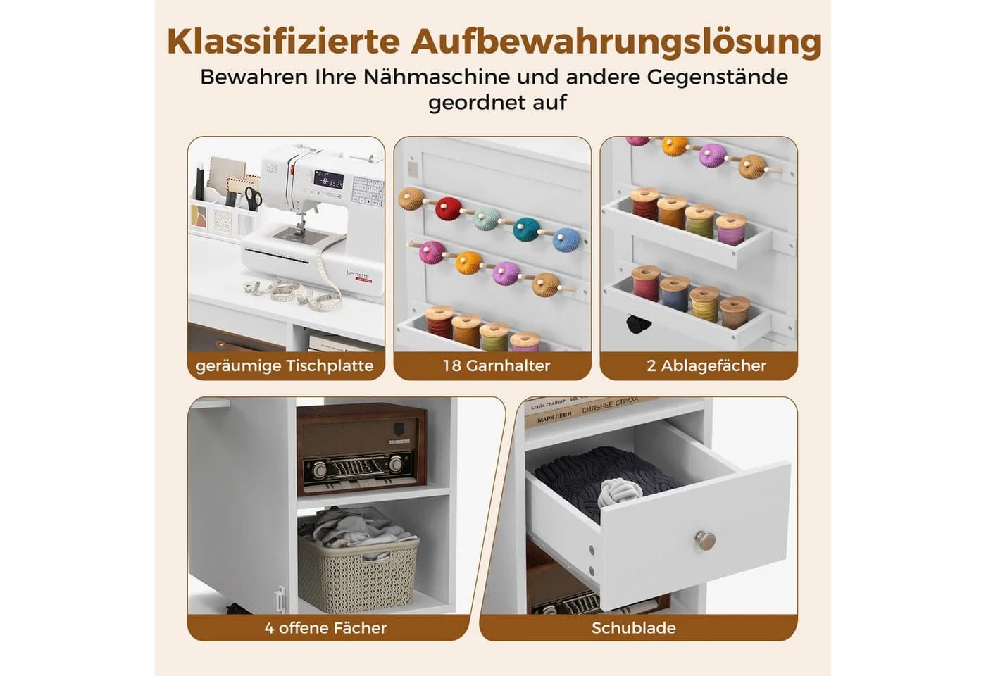 COSTWAY Schreibtisch 2 in 1 Nähschrank Klappbar mit Ablage auf Rollen - Bild 4