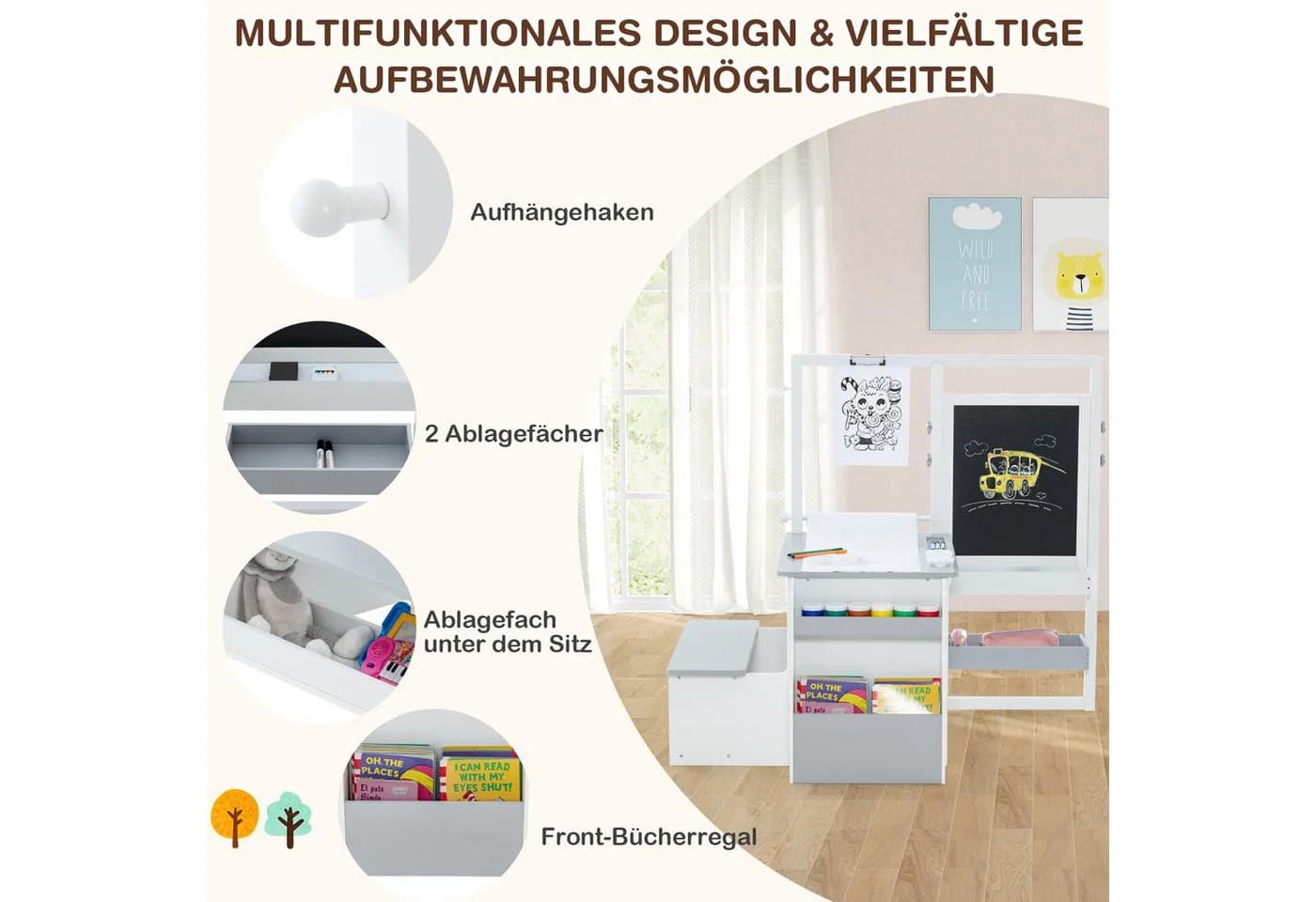 COSTWAY Kinder Staffelei Set mit Bank, 6 in 1, höhenverstellbar - Bild 3