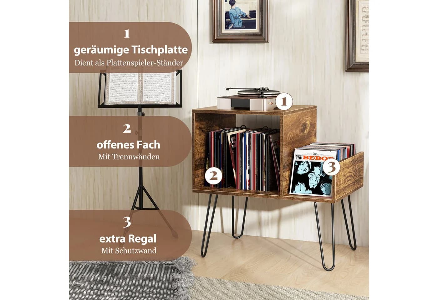 COSTWAY Beistelltisch mit Ladestation Grau/Rustikales Braun