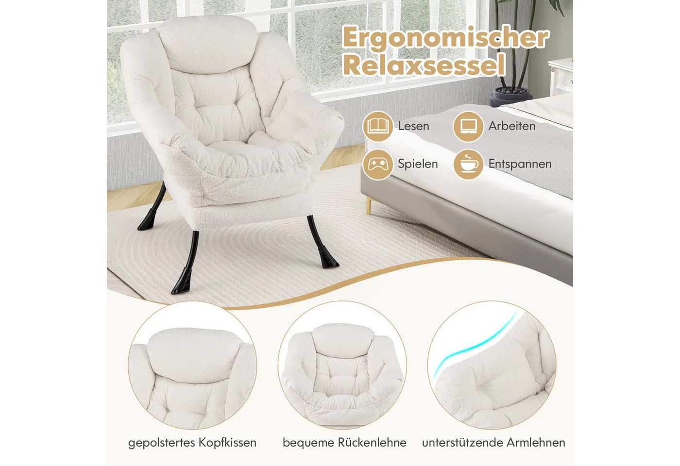 COSTWAY Relaxsessel Ohrensessel Gepolstert 150kg Beige