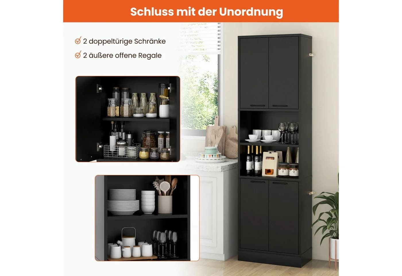 COSTWAY Küchenbuffet Küchenschrank Vorratsschrank Schwarz - Bild 4