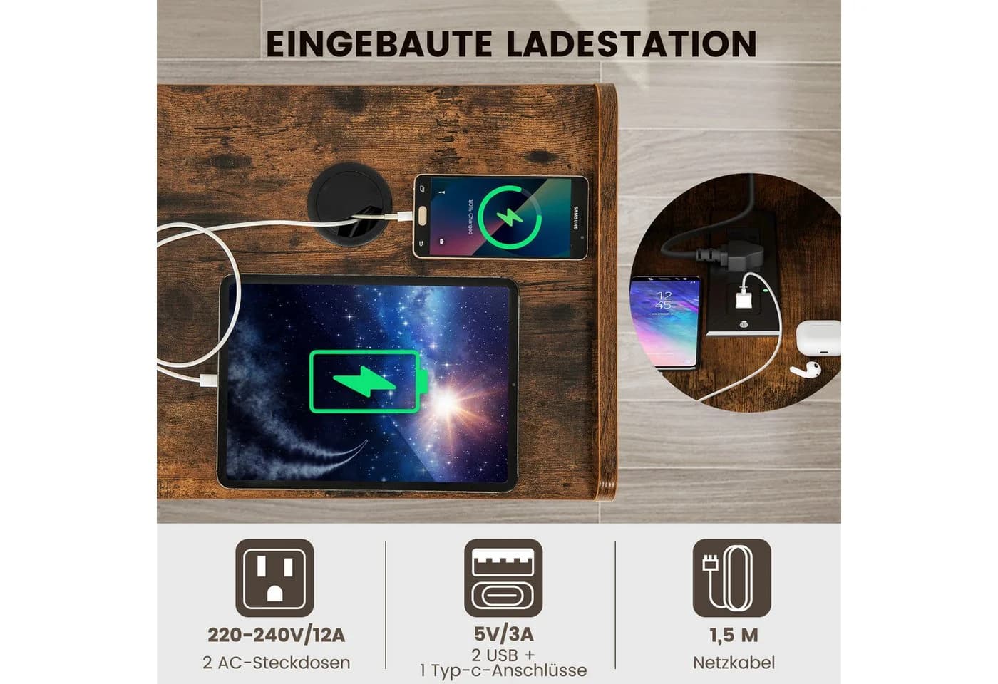 COSTWAY Plattenspielerständer mit Ladestation & Ablagen Holz - Bild 3