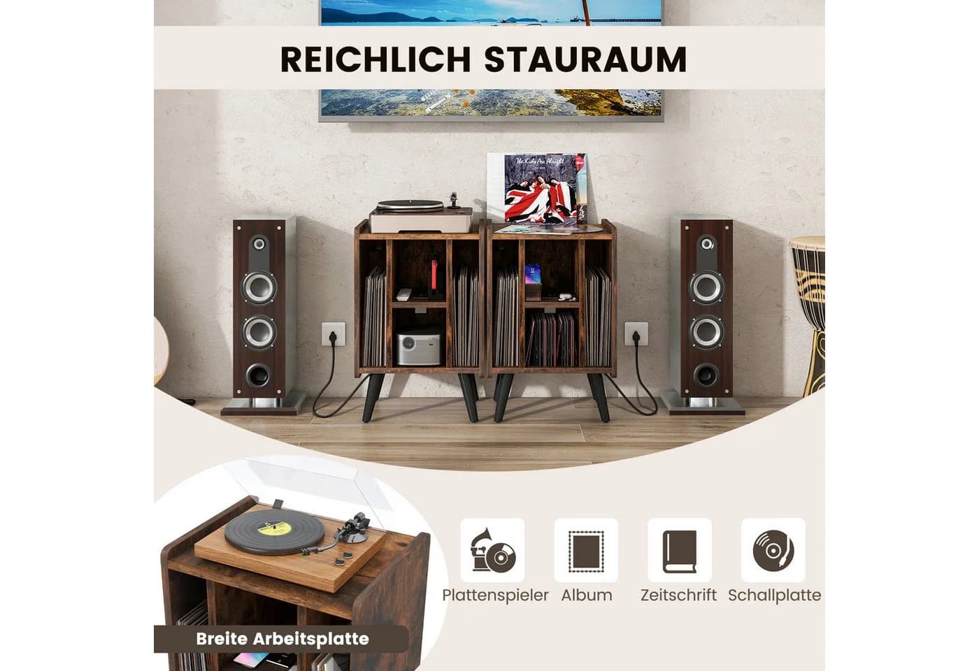 COSTWAY Plattenspielerständer mit Ladestation & Ablagen Holz - Bild 4
