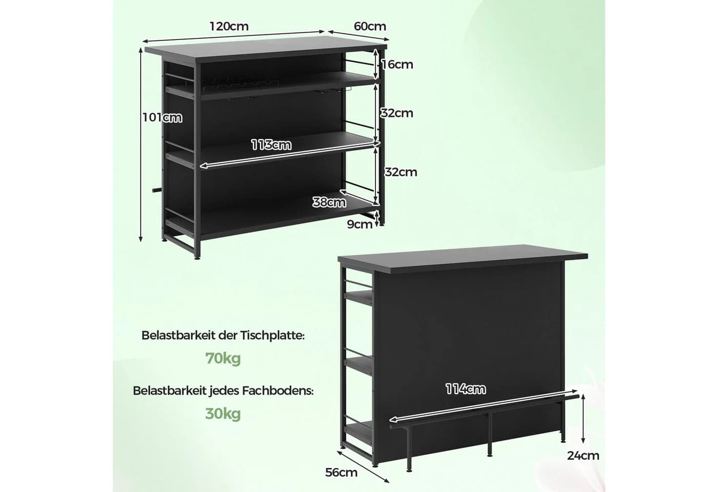 COSTWAY Hausbar mit Weinregal & Gläserhalter, Braun - Bild 5