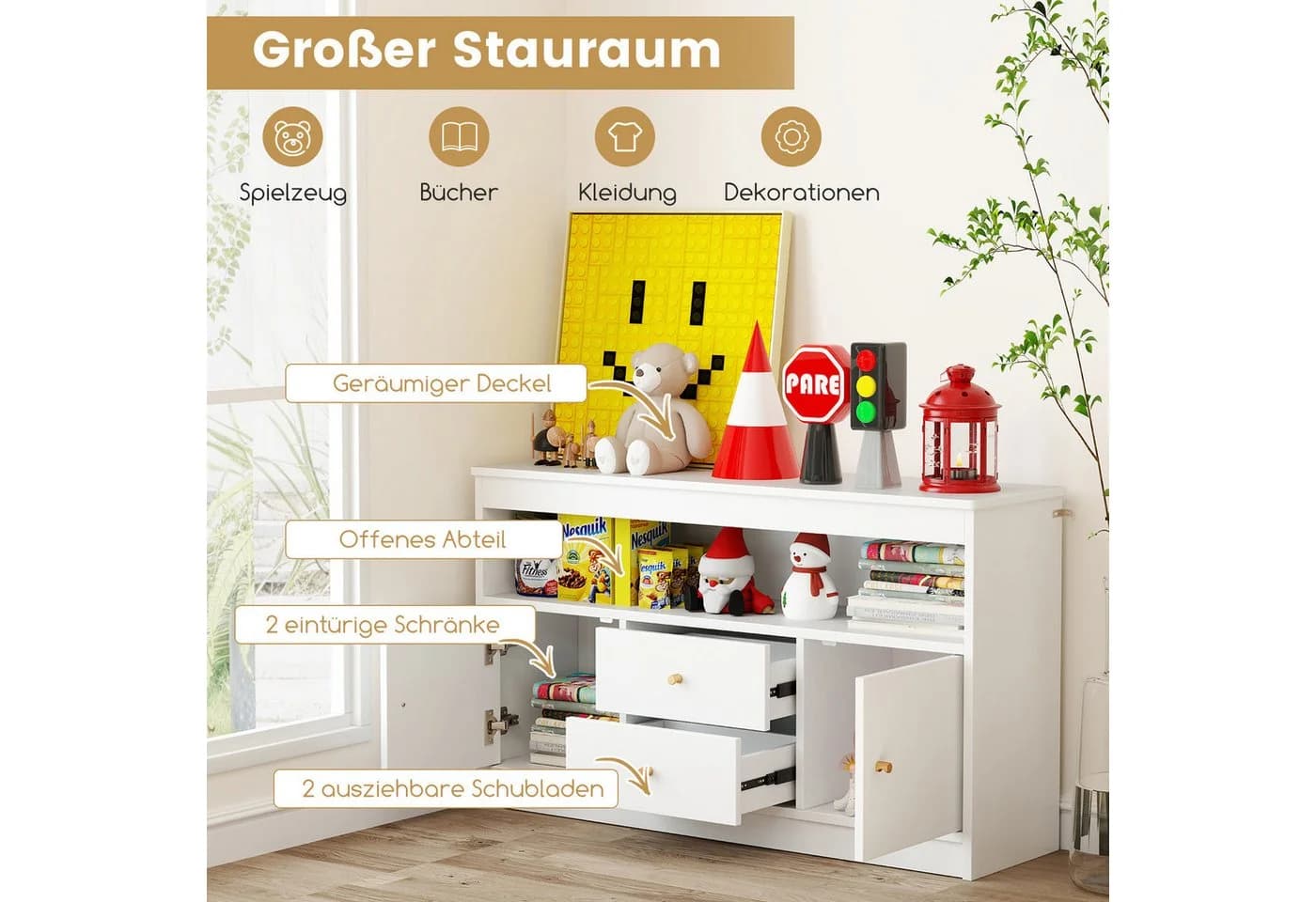 COSTWAY Spielzeugschrank Kinder Holz 106 x 30 x 62 cm Weiß - Bild 3