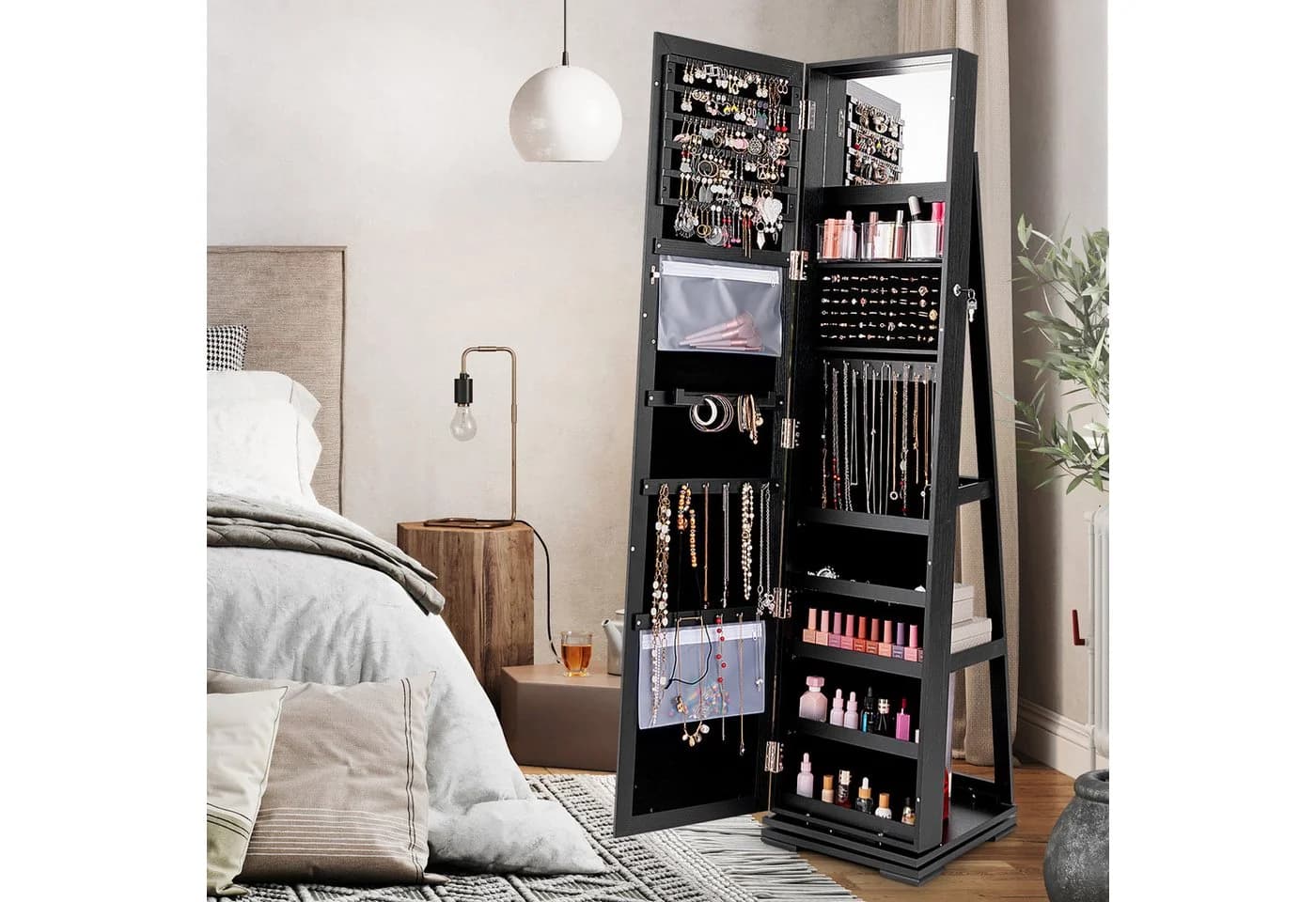 COSTWAY Schmuckschrank Stehend Schwarz Mit Spiegel & Regal Drehbar Abschließbar