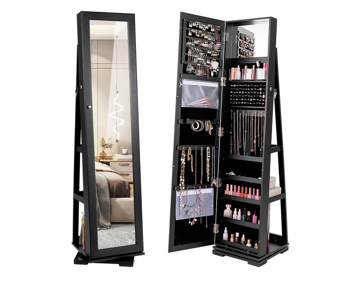COSTWAY Schmuckschrank Stehend Schwarz Mit Spiegel & Regal Drehbar Abschließbar - Bild 2