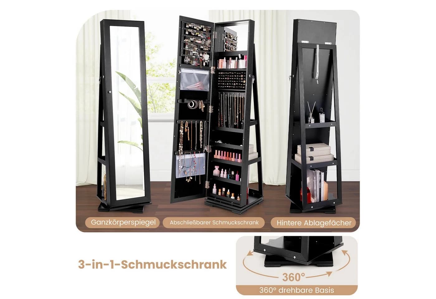 COSTWAY Schmuckschrank Stehend Schwarz Mit Spiegel & Regal Drehbar Abschließbar - Bild 3