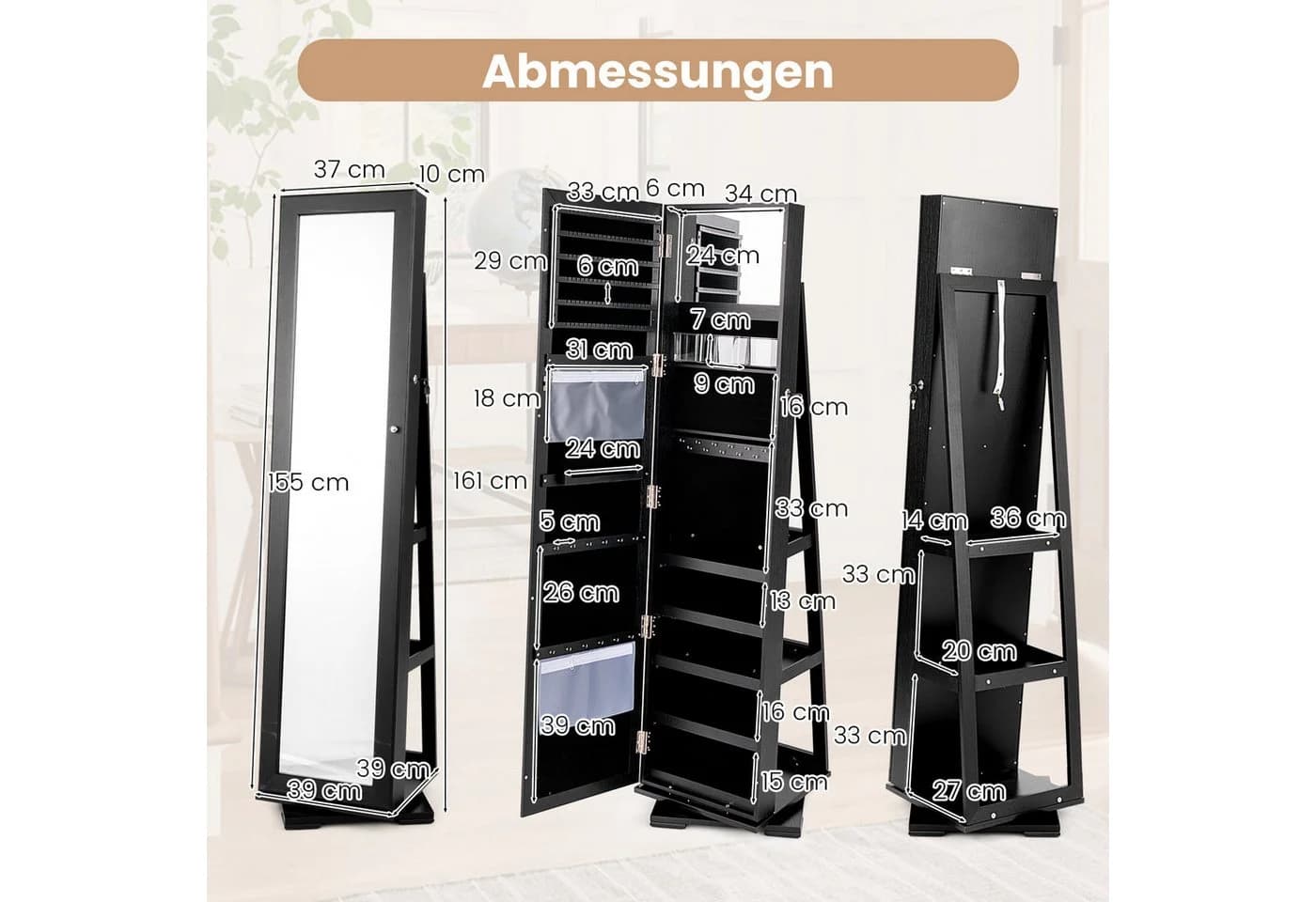 COSTWAY Schmuckschrank Stehend Schwarz Mit Spiegel & Regal Drehbar Abschließbar - Bild 5