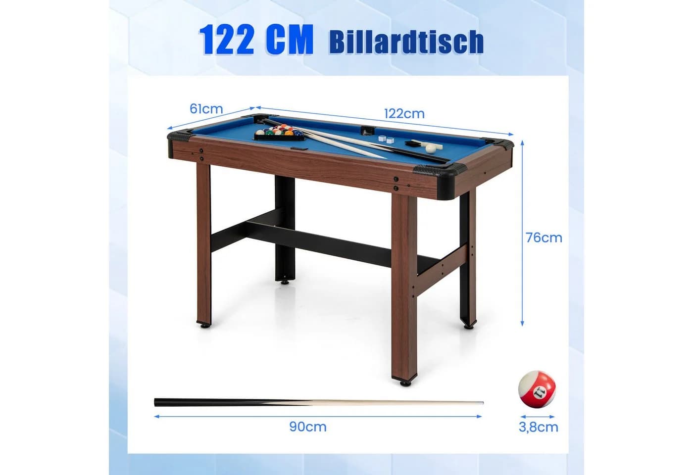 COSTWAY Billardtisch Blau mit Kugelsatz und 2 Queues