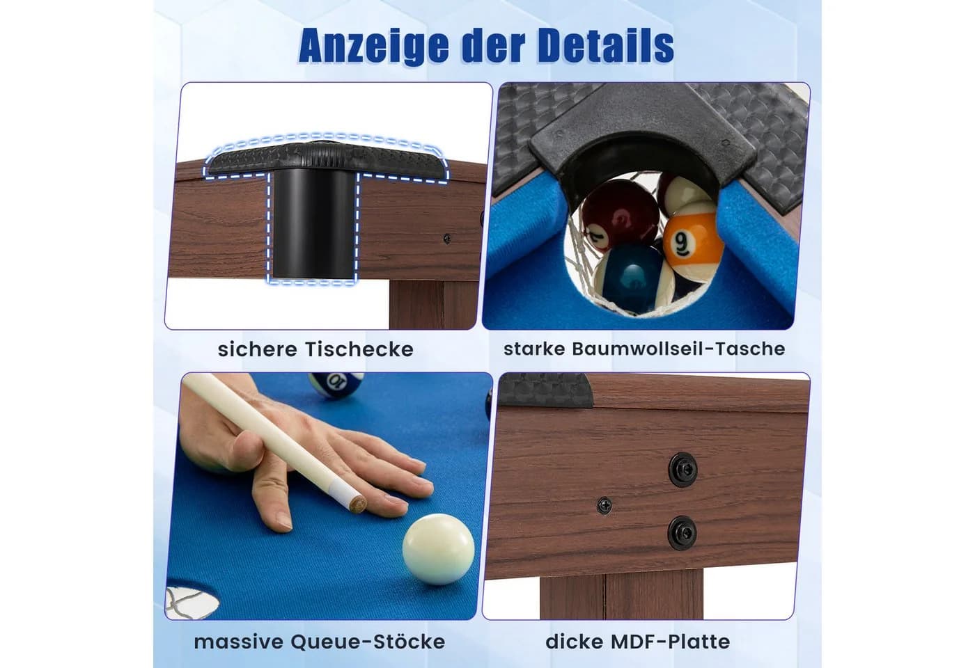 COSTWAY Billardtisch Blau mit Kugelsatz und 2 Queues - Bild 3