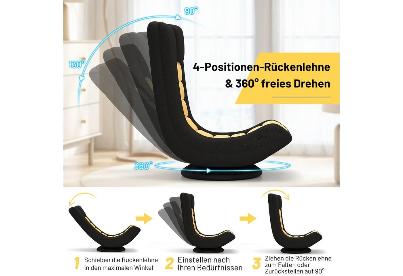 COSTWAY Relaxsessel Bodenstuhl klappbar 360° drehbar Gelb/Schwarz