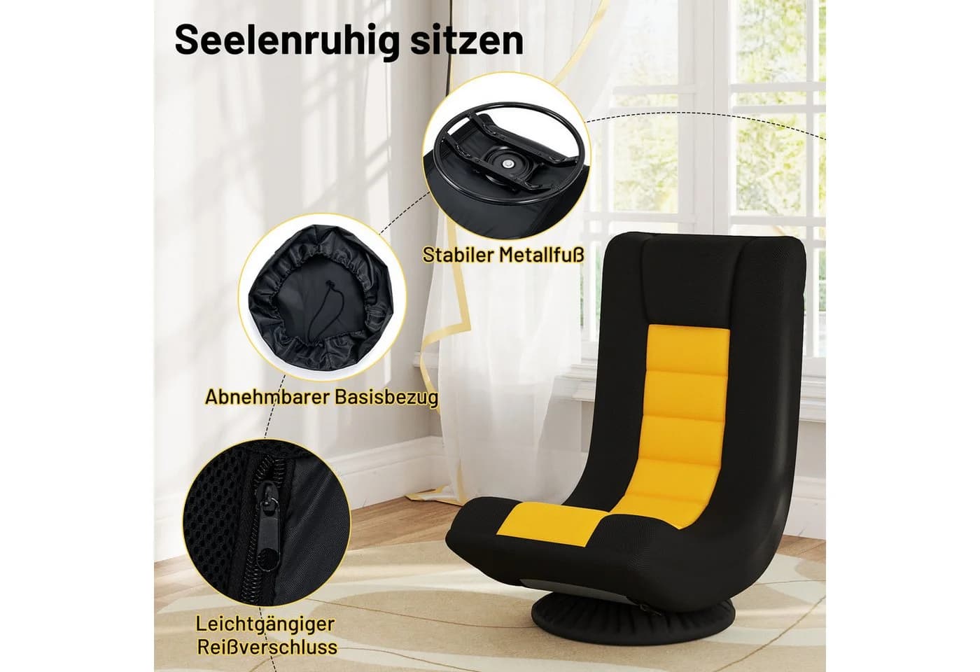 COSTWAY Relaxsessel Bodenstuhl klappbar 360° drehbar Gelb/Schwarz - Bild 5