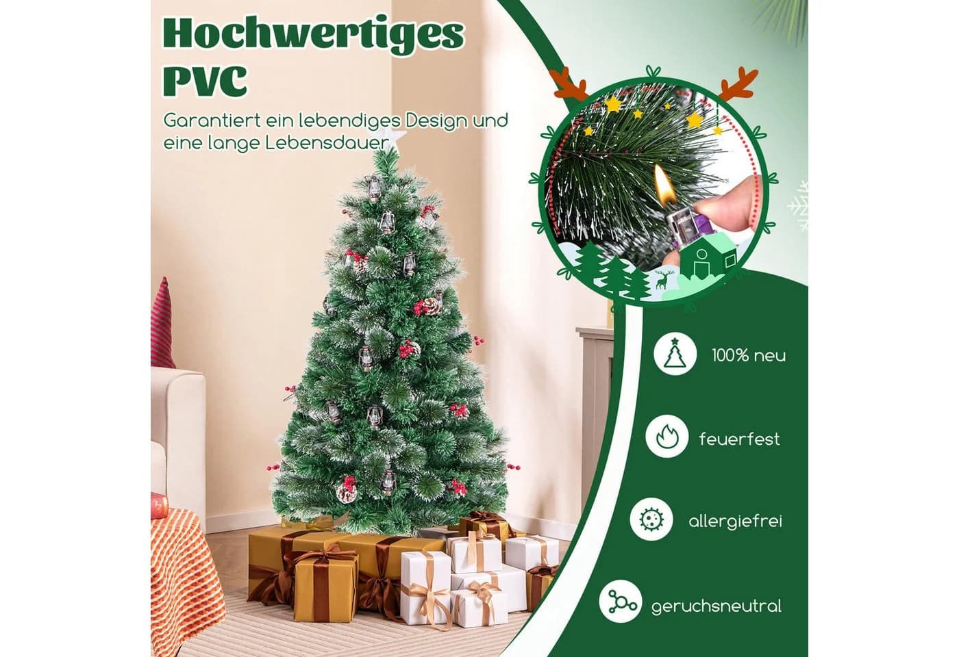 COSTWAY Künstlicher Weihnachtsbaum 150cm Grün 170 Spitzen 49 LEDs - Bild 4