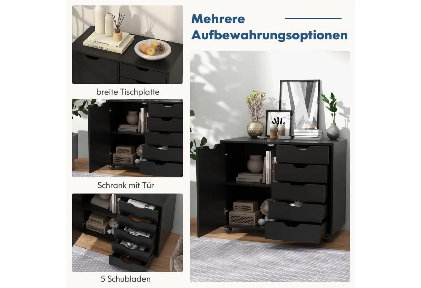 COSTWAY Rollcontainer Aktenschrank 5 Schubladen Weiß - Bild 3