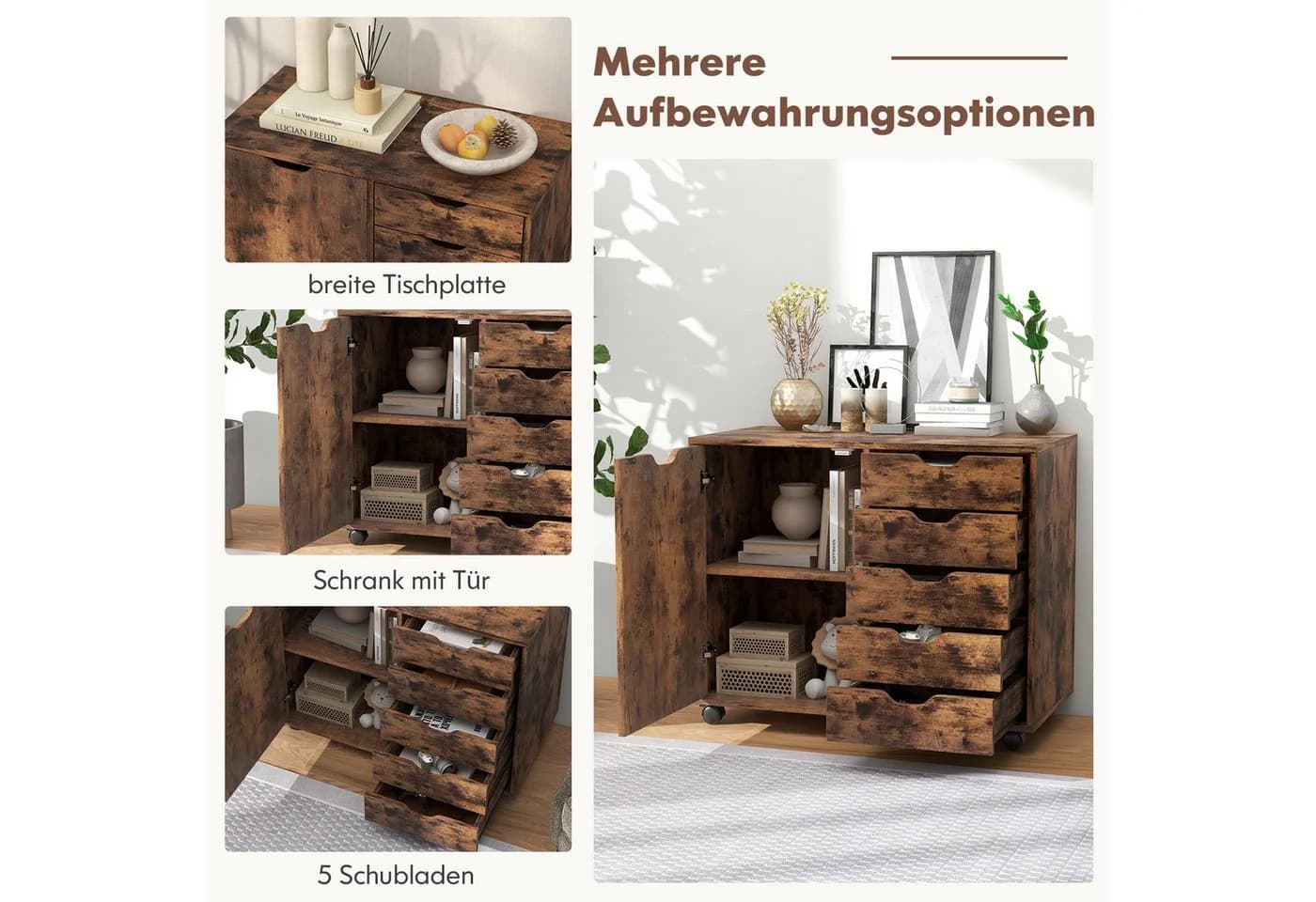 COSTWAY Rollcontainer Aktenschrank 5 Schubladen Weiß - Bild 3