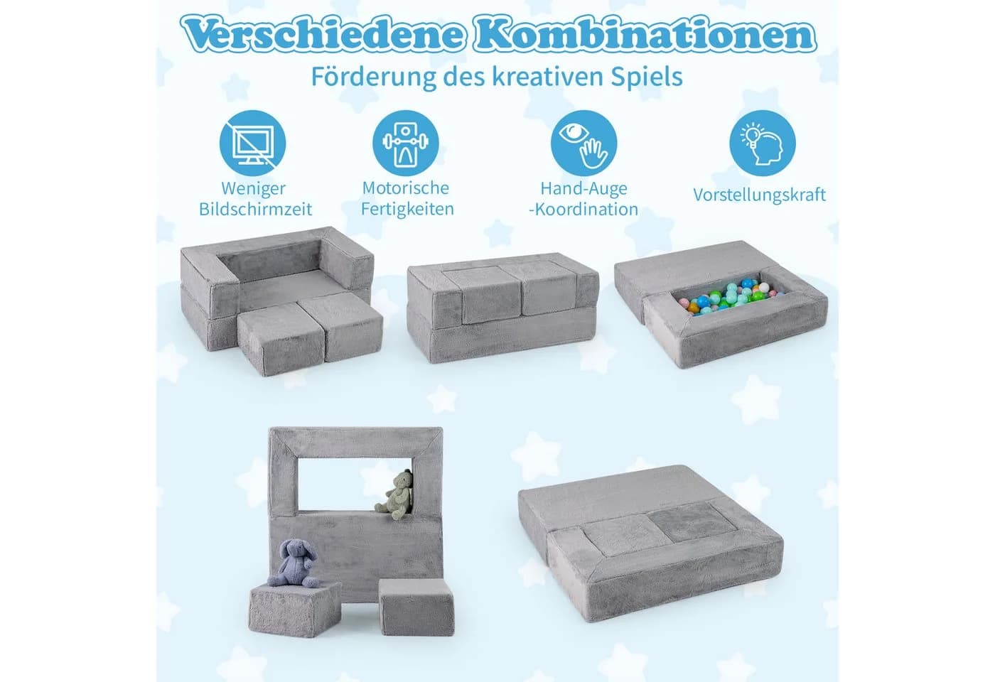 COSTWAY Kindersofa Modulares Spielsofa für 2 Kinder Grau