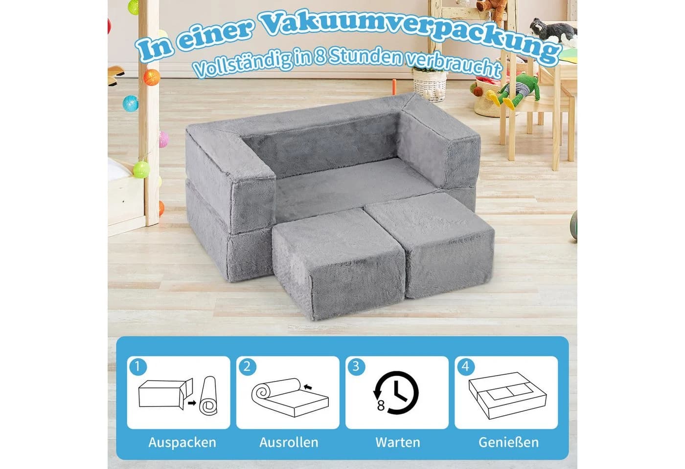 COSTWAY Kindersofa Modulares Spielsofa für 2 Kinder Grau - Bild 3