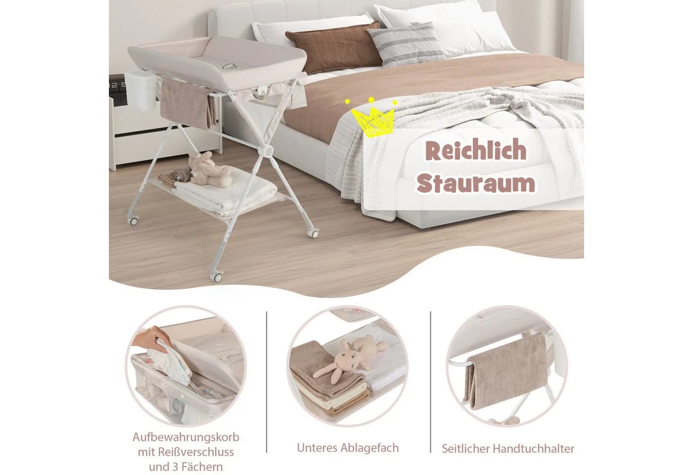 COSTWAY Wickeltisch 3in1 Wickelkommode Beige Klappbar