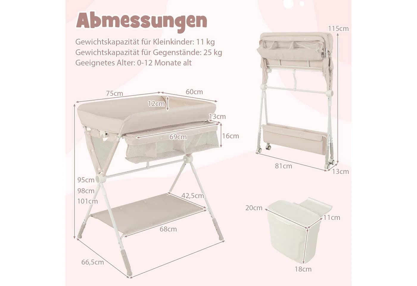 COSTWAY Wickeltisch 3in1 Wickelkommode Beige Klappbar - Bild 3