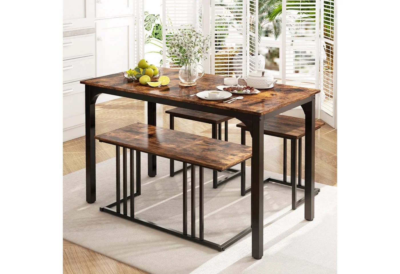 COSTWAY Essgruppe 4-tlg. mit Bank & 2 Hockern Braun/Schwarz