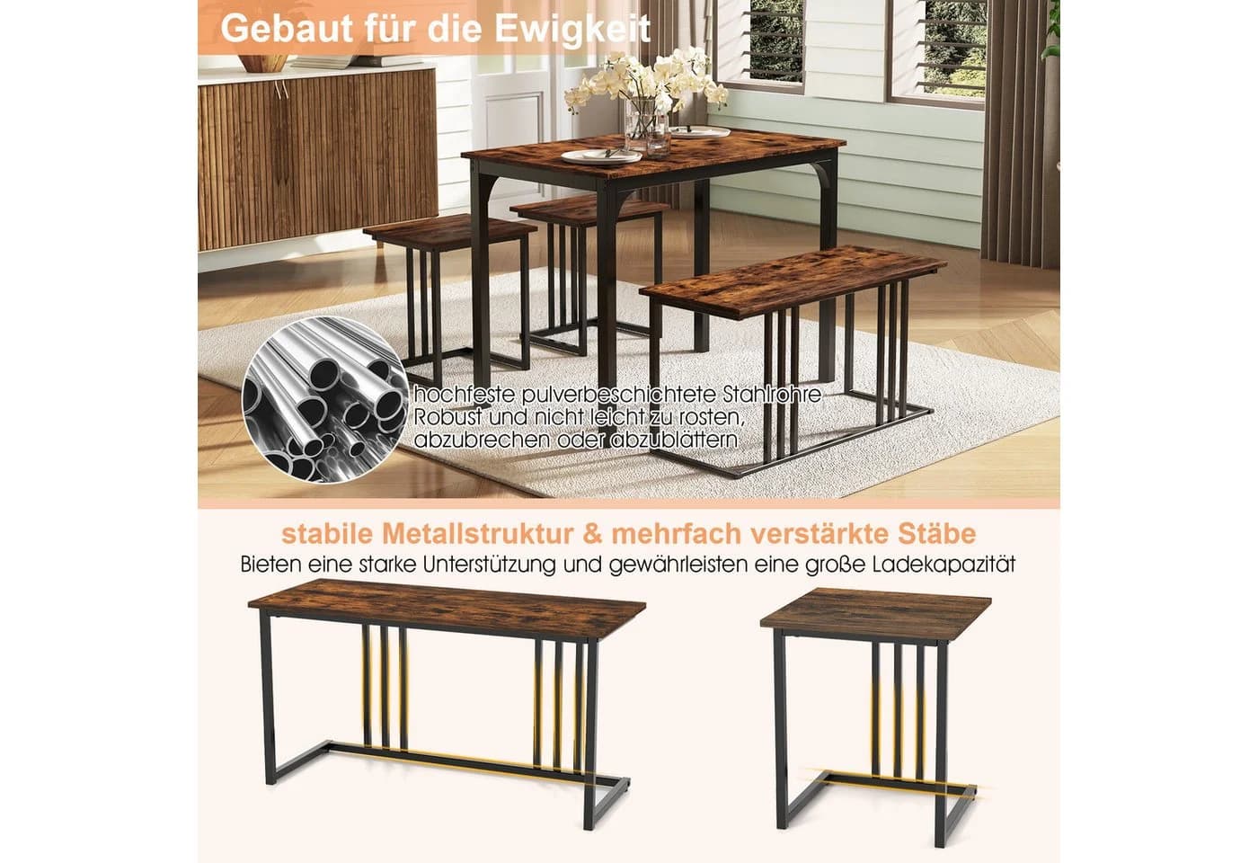 COSTWAY Essgruppe 4-tlg. mit Bank & 2 Hockern Braun/Schwarz - Bild 5