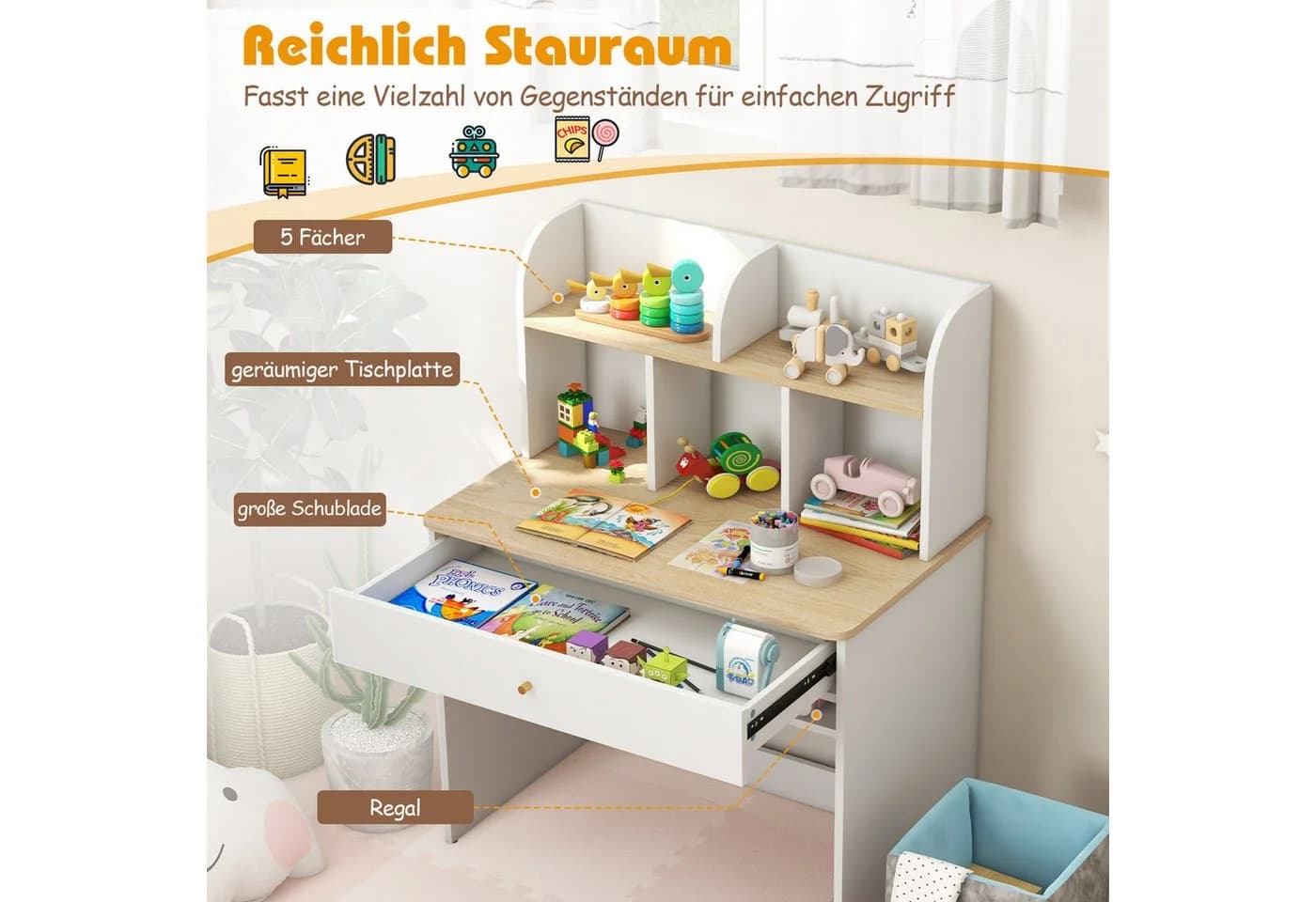 COSTWAY Kinderschreibtisch Holz mit Schublade