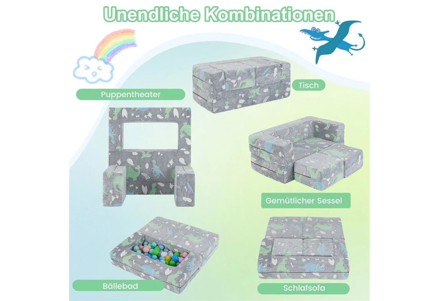 COSTWAY Kindersofa Grauer Dinosaurier/Regenbogen-Einhorn