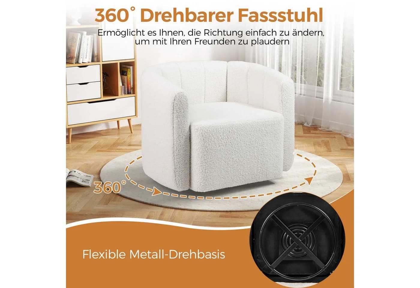 COSTWAY Relaxsessel Drehsessel Weiß 360° Metallfuß - Bild 3