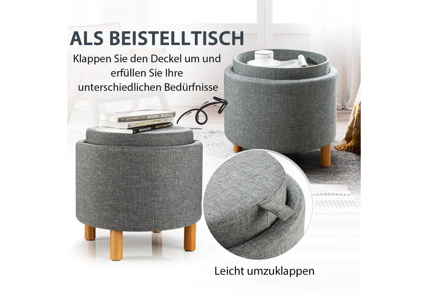 COSTWAY Sitzhocker mit Stauraum rund grau Beige Fußhocker Samt - Bild 3