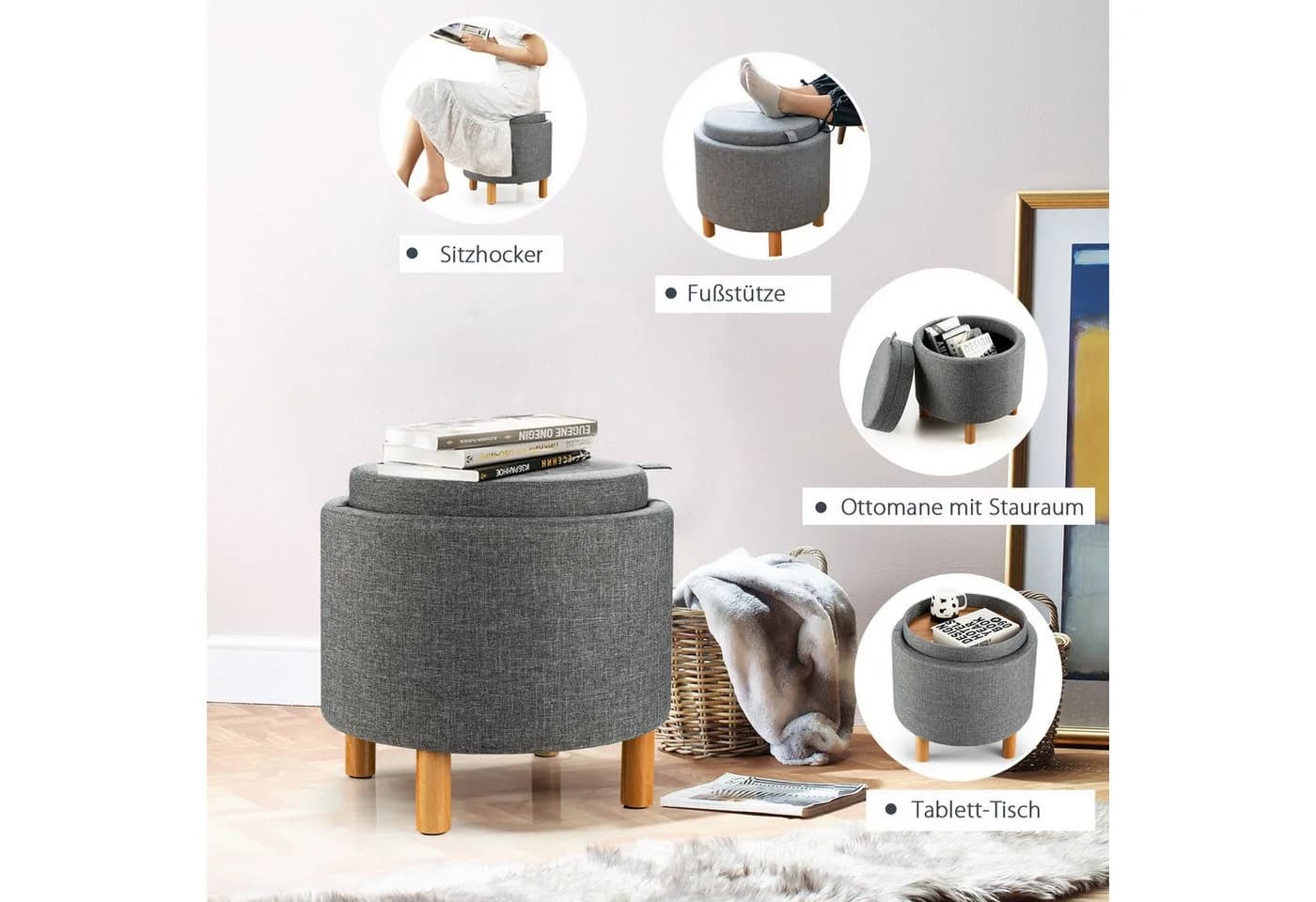 COSTWAY Sitzhocker mit Stauraum rund grau Beige Fußhocker Samt - Bild 4
