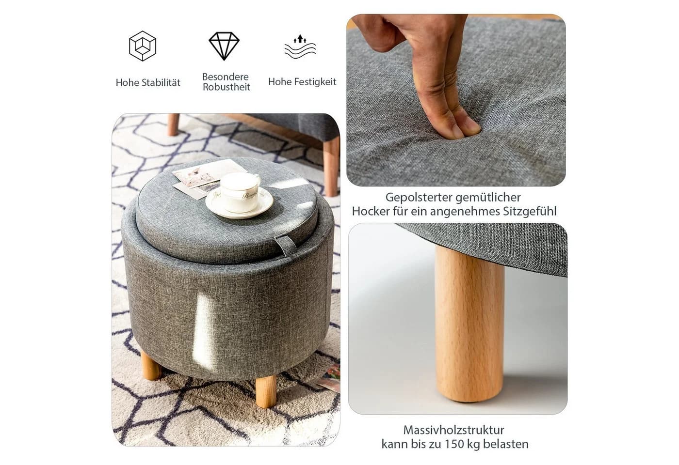 COSTWAY Sitzhocker mit Stauraum rund grau Beige Fußhocker Samt - Bild 5