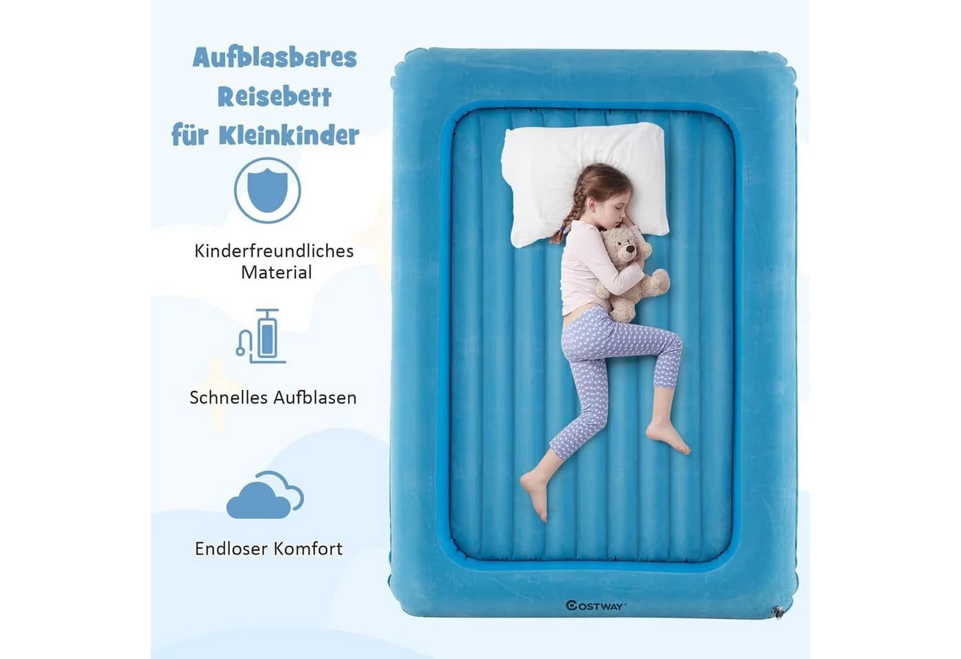 KOMFOTTEU Kinderluftbett 2-in-1 mit Pumpe Blau/Grau