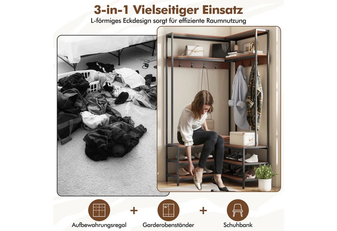 KOMFOTTEU L-förmiger Garderobenständer mit Sitzbank, 7 Haken & Regalen - Bild 3