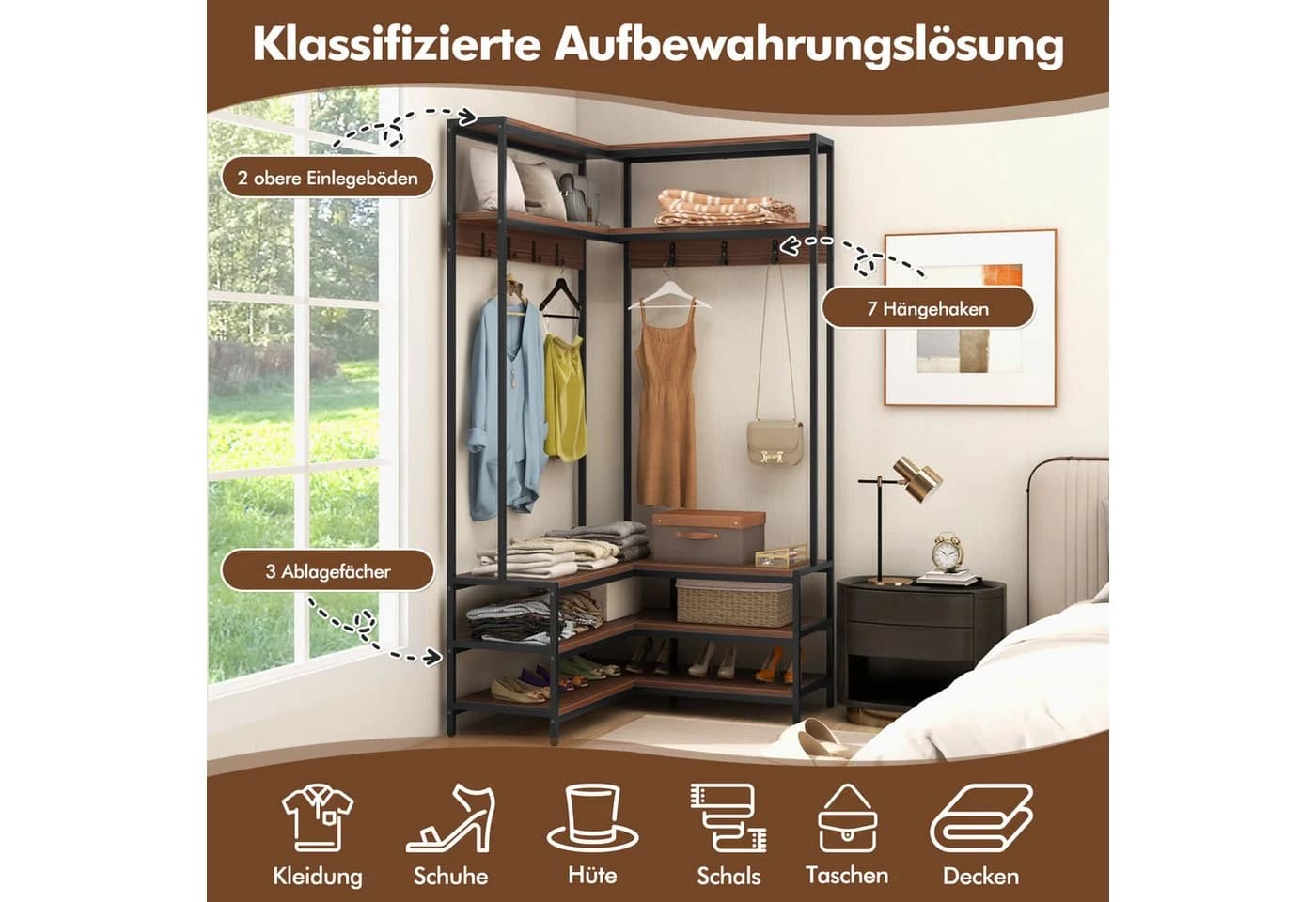KOMFOTTEU L-förmiger Garderobenständer mit Sitzbank, 7 Haken & Regalen - Bild 4