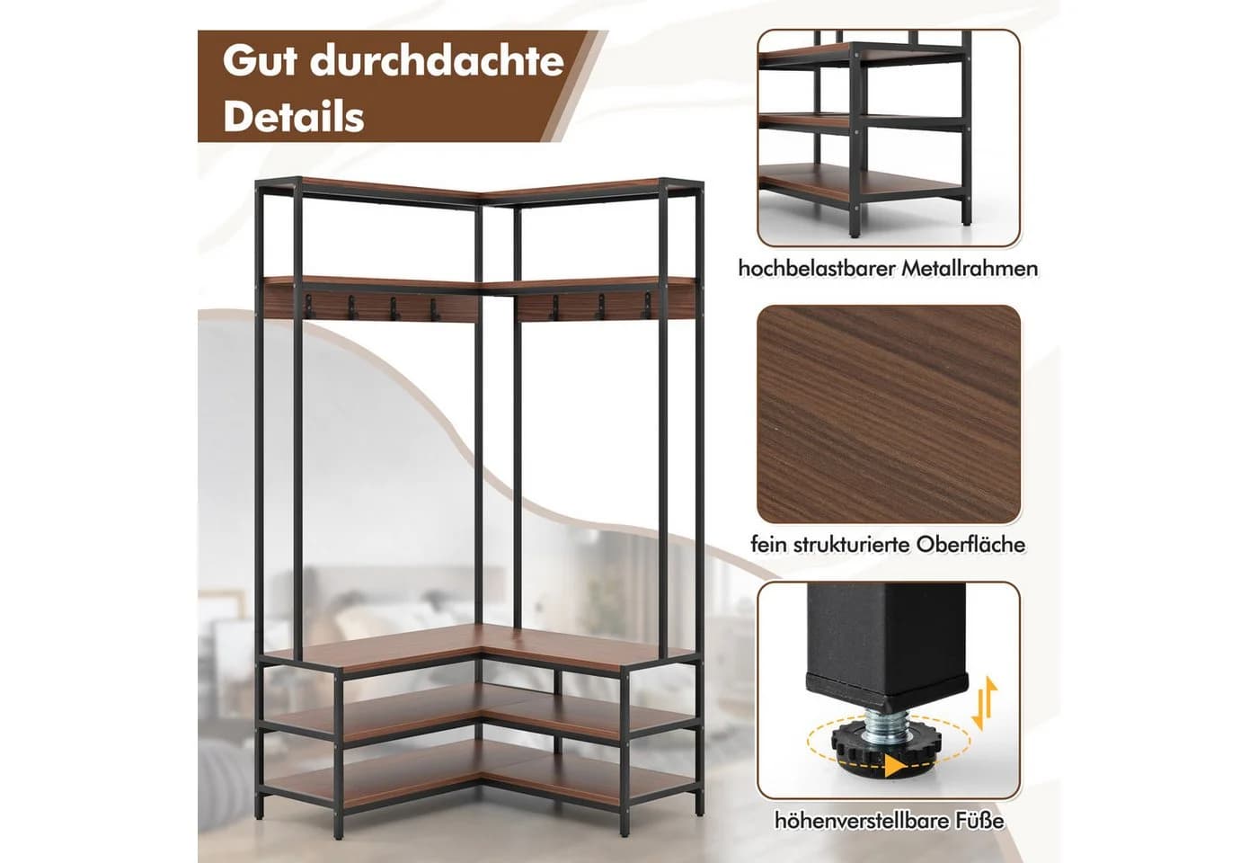 KOMFOTTEU L-förmiger Garderobenständer mit Sitzbank, 7 Haken & Regalen - Bild 5