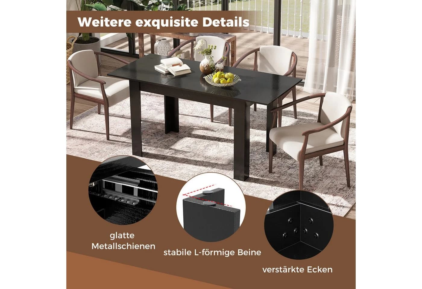 KOMFOTTEU Ausziehbarer Esstisch Schwarz für 4-6 Personen - Bild 4