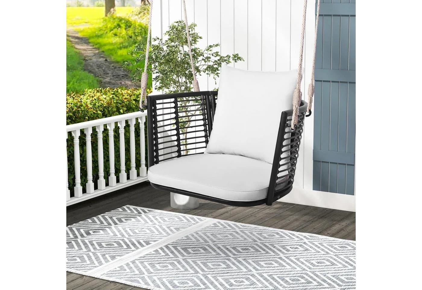 KOMFOTTEU Hängesessel Rattan Metallrahmen Braun Grau Weiß