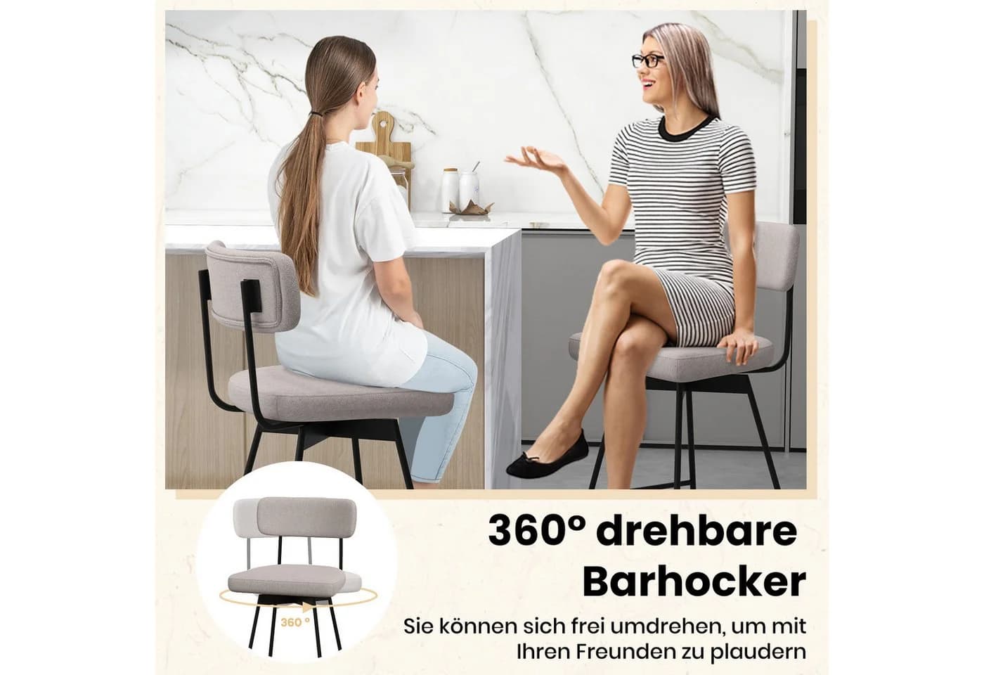 KOMFOTTEU Barhocker 2er-Set Küchenstühle drehbar mit Rückenlehne und Fußstütze - Bild 3